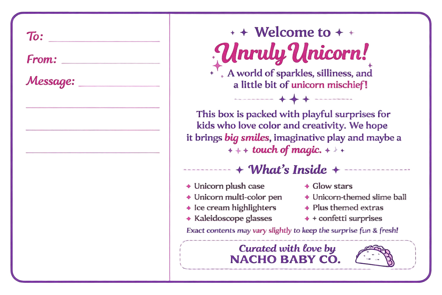 Unruly Unicorn subscription box welcome card with text and branding details.